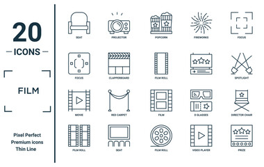 film linear icon set. includes thin line seat, focus, movie, film roll, prize, film roll, director chair icons for report, presentation, diagram, web design