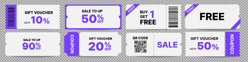Collection of Purple Coupons vector barcode qr code voucher ticket couponbook coupon set