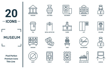 museum linear icon set. includes thin line museum, tea, museum, quiet, canvas, clerk, clerk icons for report, presentation, diagram, web design