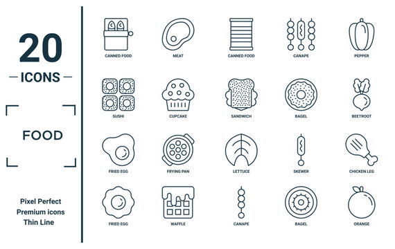 food linear icon set. includes thin line canned food, sushi, fried egg, fried egg, orange, sandwich, chicken leg icons for report, presentation, diagram, web design