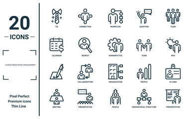 human resources management linear icon set. includes thin line tie, calendar, , meeting, presentation, humanpictos, id card icons for report, presentation, diagram, web design