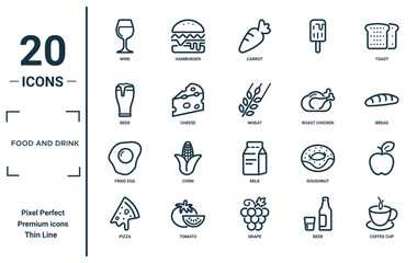 food and drink linear icon set. includes thin line wine, beer, fried egg, pizza, coffee cup, wheat, icons for report, presentation, diagram, web design