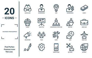business management linear icon set. includes thin line binoculars, target, megaphone, , internet, hierarchical structure, direction icons for report, presentation, diagram, web design