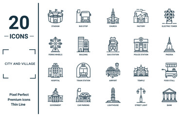 city and village linear icon set. includes thin line stadium, ferris wheels, hospital, goverment, bank, gas station, food stall icons for report, presentation, diagram, web design