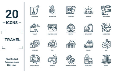 travel linear icon set. includes thin line guidebook, wallet, lifesaver, photo camera, hotel, bonfire, map icons for report, presentation, diagram, web design