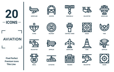 aviation linear icon set. includes thin line aeroplane, flying, helicopter, medal, radar, control tower, zeppelin icons for report, presentation, diagram, web design © MacroOne