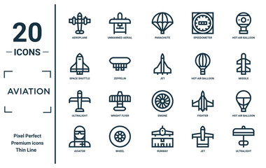 aviation linear icon set. includes thin line aeroplane, space shuttle, ultralight, aviator, ultralight, jet, hot air balloon icons for report, presentation, diagram, web design