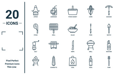 linear icon set. includes thin line apron, steak, salt, , fork, salad, mustard icons for report, presentation, diagram, web