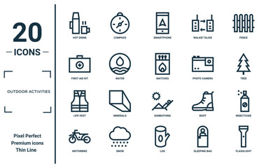 outdoor activities linear icon set. includes thin line hot drink, first aid kit, life vest, motorbike, flashlight, matches, insecticide icons for report, presentation, diagram, web design