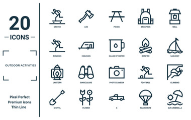 outdoor activities linear icon set. includes thin line skater, running, lantern, shovel, sun umbrella, glass of water, climbing icons for report, presentation, diagram, web design