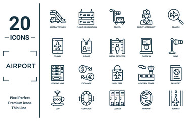 airport linear icon set. includes thin line aircraft stairs, travel, vending hine, cup, runway, metal detector, passport icons for report, presentation, diagram, web design