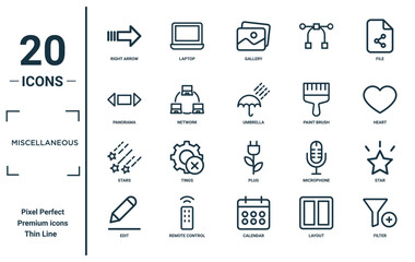 miscellaneous linear icon set. includes thin line right arrow, panorama, stars, edit, filter, umbrella, star icons for report, presentation, diagram, web design