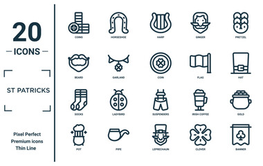 st patricks linear icon set. includes thin line coins, beard, socks, pot, banner, coin, gold icons for report, presentation, diagram, web design
