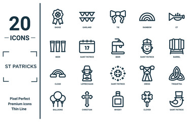 st patricks linear icon set. includes thin line badge, beer, cloud, balloons, saint patrick, beer, triquetra icons for report, presentation, diagram, web design
