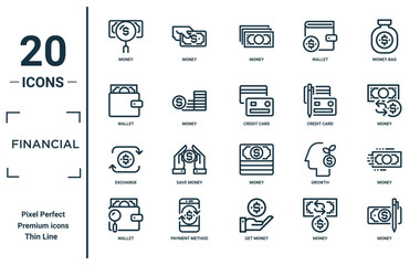 financial linear icon set. includes thin line money, wallet, exchange, wallet, money, credit card, money icons for report, presentation, diagram, web design