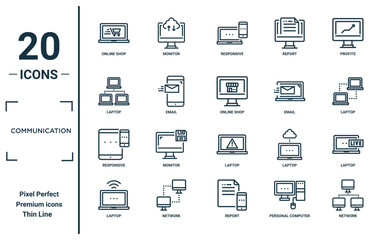 communication linear icon set. includes thin line online shop, laptop, responsive, laptop, network, online shop, laptop icons for report, presentation, diagram, web design