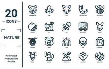 nature linear icon set. includes thin line panda bear, orange, beehive, deer, aloe vera, bee, penguin icons for report, presentation, diagram, web design