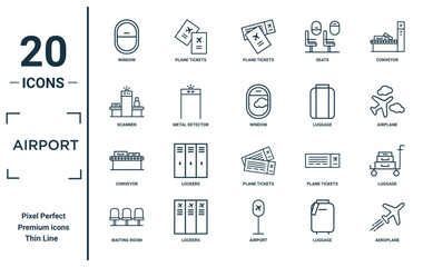 airport linear icon set. includes thin line window, scanner, conveyor, waiting room, aeroplane, window, luggage icons for report, presentation, diagram, web design