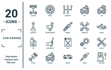 car garage linear icon set. includes thin line chassis, gearshift, oil, piston, gas pump, damper, repair icons for report, presentation, diagram, web design