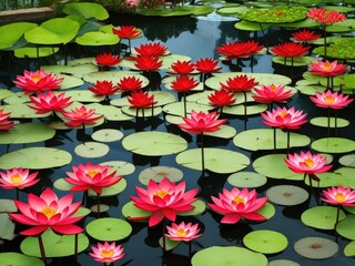 Red colored lotus beautiful garden in water.
