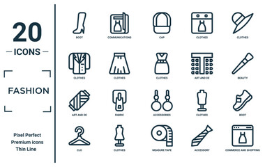 fashion linear icon set. includes thin line boot, clothes, art and de, clo, commerce and shopping, clothes, boot icons for report, presentation, diagram, web design