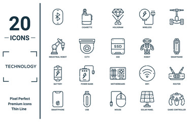 technology linear icon set. includes thin line , industrial robot, battery, smartphone, game controller, ssd, router icons for report, presentation, diagram, web design