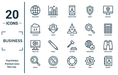 business linear icon set. includes thin line worldwide, transfer, analytics, search, agenda, group, binoculars icons for report, presentation, diagram, web design