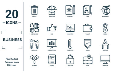 business linear icon set. includes thin line delete, worldwide, employee, banking, monitor, analytics, meeting icons for report, presentation, diagram, web design