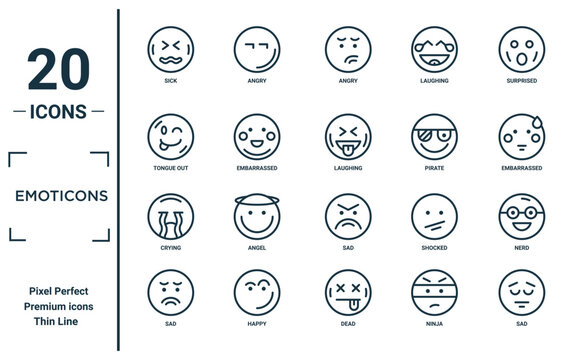 emoticons linear icon set. includes thin line sick, tongue out, crying, sad, sad, laughing, nerd icons for report, presentation, diagram, web design