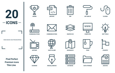 web design and programming linear icon set. includes thin line award, communications, antique, diamond, archive, graphic de, country icons for report, presentation, diagram, web design