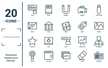 web design and programming linear icon set. includes thin line code, email, favorite, award, antenna, bank, business icons for report, presentation, diagram, web design
