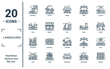 landscapes linear icon set. includes thin line waterfall, park, cityscape, lake, bamboo, cliff, field icons for report, presentation, diagram, web design