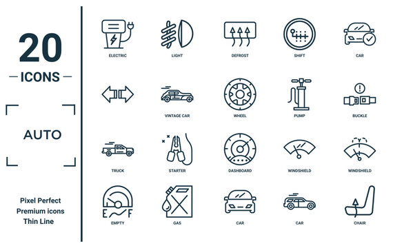 auto linear icon set. includes thin line electric, , truck, empty, chair, wheel, windshield icons for report, presentation, diagram, web design