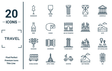 travel linear icon set. includes thin line mannequin, beer, sausages, double decker, ski, arc de triomphe, hot air balloon icons for report, presentation, diagram, web design