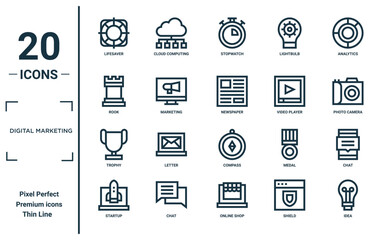 digital marketing linear icon set. includes thin line lifesaver, rook, trophy, startup, idea, newspaper, chat icons for report, presentation, diagram, web design