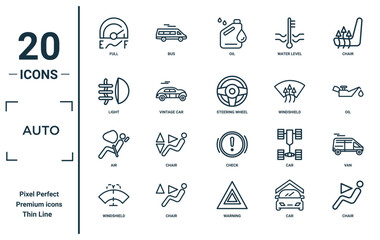 auto linear icon set. includes thin line full, light, air, windshield, chair, steering wheel, van icons for report, presentation, diagram, web design