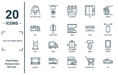 out of home media linear icon set. includes thin line hot air balloon, bus, pole, bus stop, car, train, board icons for report, presentation, diagram, web design