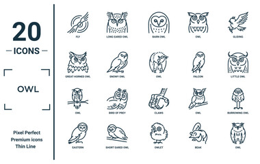 owl linear icon set. includes thin line fly, great horned owl, owl, eastern, burrowing icons for report, presentation, diagram, web design