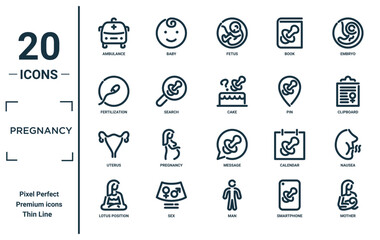 pregnancy linear icon set. includes thin line ambulance, fertilization, uterus, lotus position, mother, cake, nausea icons for report, presentation, diagram, web design