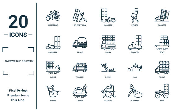 Overweight Delivery Linear Icon Set. Includes Thin Line Motorbike, Rickshaw, Cargo, Drone, Bike, Lorry, Pickup Icons For Report, Presentation, Diagram, Web Design