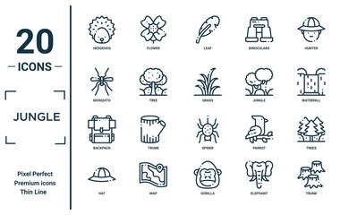 jungle linear icon set. includes thin line hedgehog, mosquito, backpack, hat, trunk, grass, trees icons for report, presentation, diagram, web design