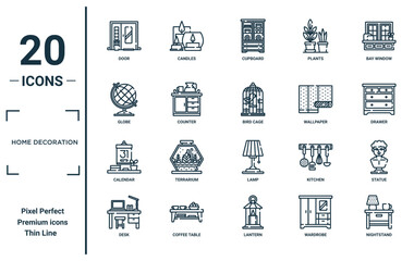 home decoration linear icon set. includes thin line door, globe, calendar, desk, nightstand, bird cage, statue icons for report, presentation, diagram, web design - obrazy, fototapety, plakaty