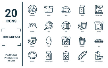 breakfast linear icon set. includes thin line sausages, cheese, coffee, biscuit, watermelon, egg, pie icons for report, presentation, diagram, web design