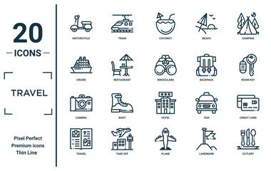 travel linear icon set. includes thin line motorcycle, cruise, camera, travel, cutlery, binoculars, credit card icons for report, presentation, diagram, web design