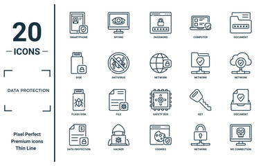 data protection linear icon set. includes thin line smartphone, disk, flash disk, data protection, no connection, network, document icons for report, presentation, diagram, web design