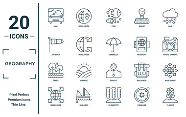 geography linear icon set. includes thin line map, air sock, trees, worldwide, flower, umbrella, worldwide icons for report, presentation, diagram, web design