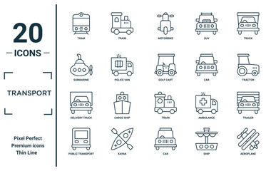transport linear icon set. includes thin line tram, submarine, delivery truck, public transport, aeroplane, golf cart, trailer icons for report, presentation, diagram, web design