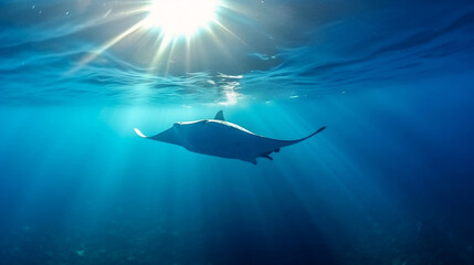 A majestic and enormous manta ray gliding in the calm marine waters.