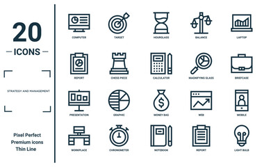 strategy and management linear icon set. includes thin line computer, report, presentation, workplace, light bulb, calculator, mobile icons for report, presentation, diagram, web design