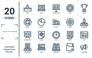 strategy and management linear icon set. includes thin line boss, graphic, presentation, management, megaphone, graphic, web icons for report, presentation, diagram, web design